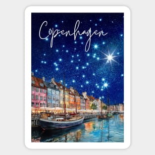 Copenhagen Nightscape Watercolor Poster – Nordic City Print Sticker